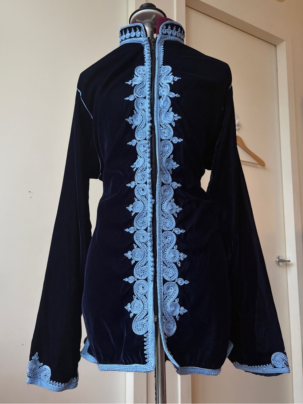 Moroccan Velvet Kaftan Jacket Jabador Top Blue Caftan Embroidered Boho Navy Sz L